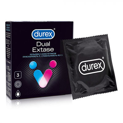 Презервативы Durex Dual Extase рельефные с анестетиком №3 Презервативы Durex Dual Extase рельефные с анестетиком №3