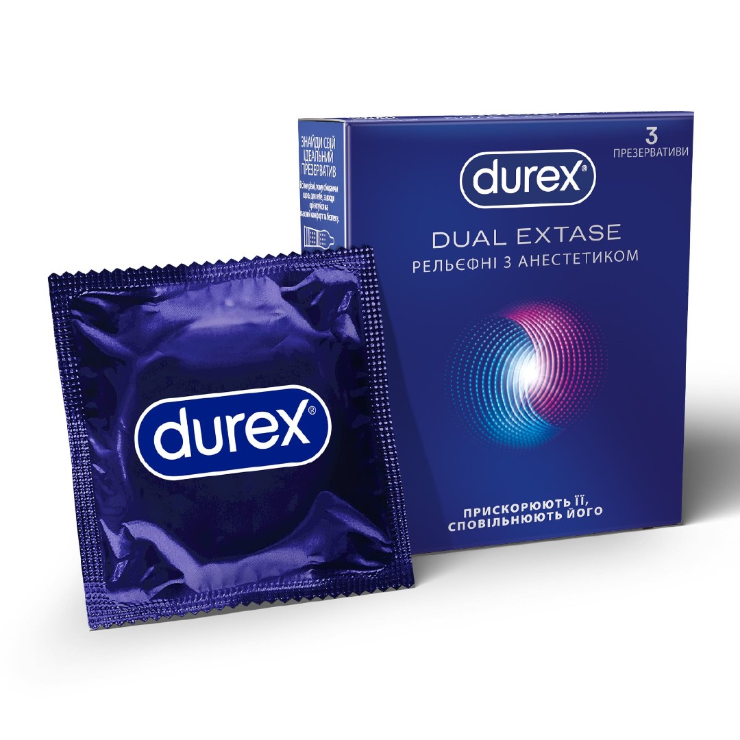 Презервативи латексні з силіконовою змазкою DUREX®  Dual Extase (рельєфні з анестетиком), З шт
