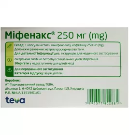 Міфенакс капсули по 250 мг 100 шт. (10х10)