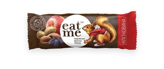 Батончик Eat me изюм, яблоко, орехи в черном шоколаде 33/40г Батончик Eat me изюм, яблоко, орехи в черном шоколаде 33/40г