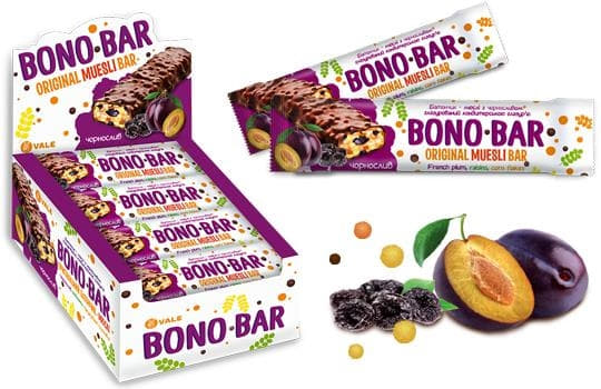 Батончик-мюслі BONO BAR VALE з чорносливом глазурований кондитерською глазур`ю 40г
