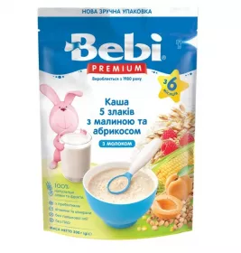 *Каша Bebi Премиум молочная 5 злаков с малиной и абрикосом с 6 мес.200г