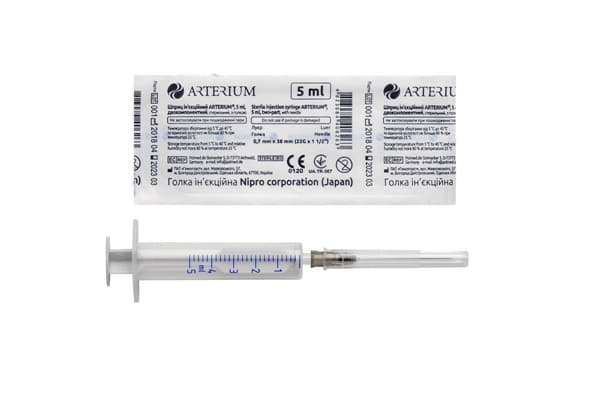 *Шприц 2-х комп. с 1-й иглой 22G (0,7х38мм) 5мл №1 Arterium *Шприц 2-х комп. с 1-й иглой 22G (0,7х38мм) 5мл №1 Arterium