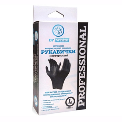 *Рукавички Dr.White Professional оглядові нітрилові нестерильні без пудри р.L black №10