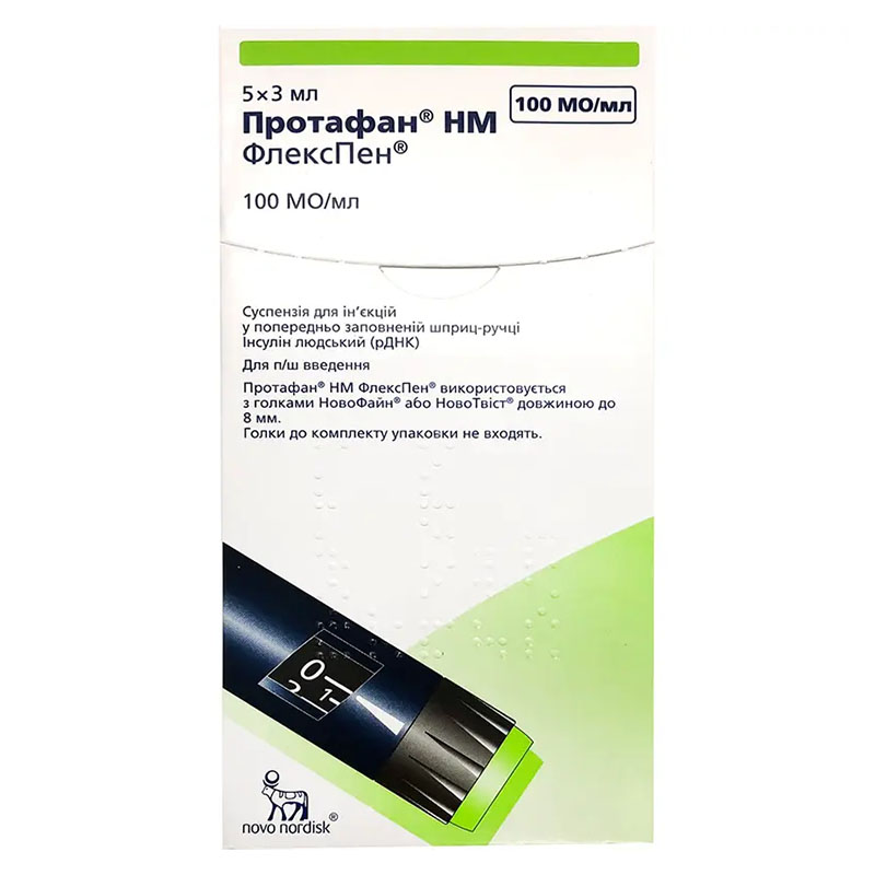 Протафан HM флекспен суспензія для ін'єкцій 100 МО/мл по 3 мл у картриджі у шприц-ручці 5 шт.