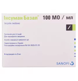 Інсуман Базал суспензія для ін'єкцій 100 МО/мл картридж по 3 мл 5 шт.