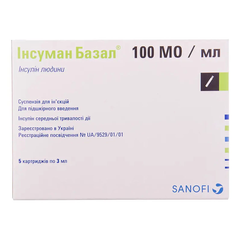 Інсуман Базал суспензія для ін'єкцій 100 МО/мл картридж по 3 мл 5 шт.