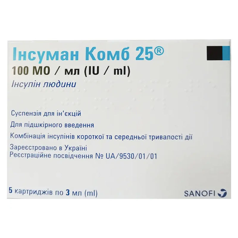 Інсуман Комб 25 суспензія для ін'єкцій 100 МО/мл картридж по 3 мл 5 шт.