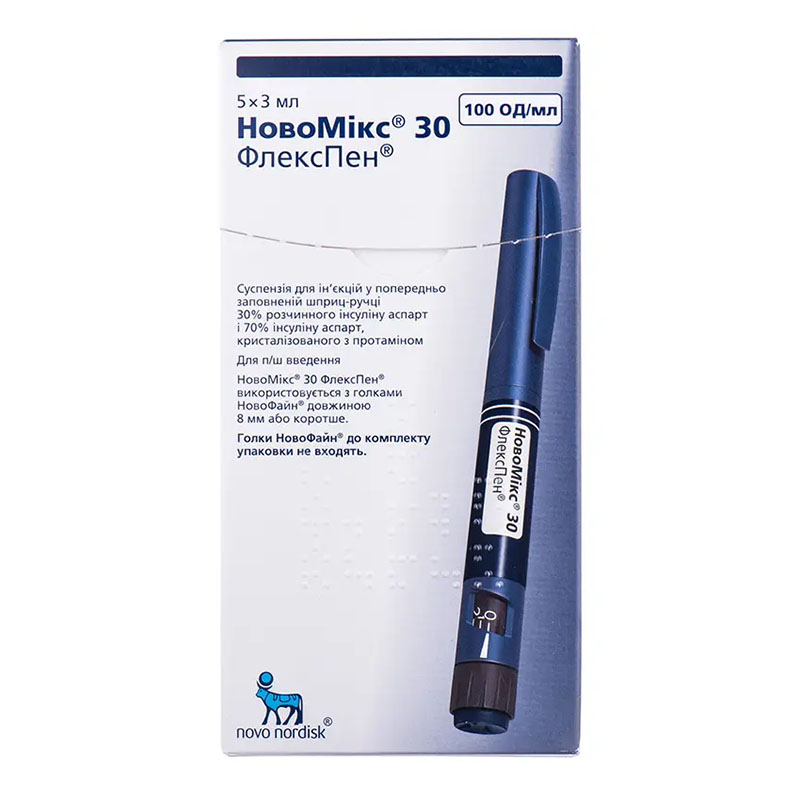 Новомікс 30 Флекспен суспензія для ін'єкцій 100 ОД/мл по 3 мл у катриджі у шприц-ручці 5 шт.