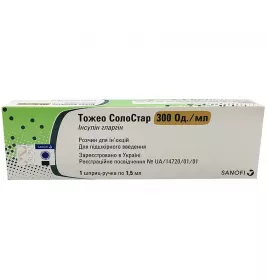 Тожео Солостар розчин для ін'єкцій 300 Од/мл картридж по 1,5 мл вбудований у шприц-ручку 1 шт.