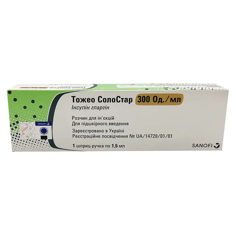 Тожео Солостар розчин для ін'єкцій 300 Од/мл картридж по 1,5 мл вбудований у шприц-ручку 1 шт.