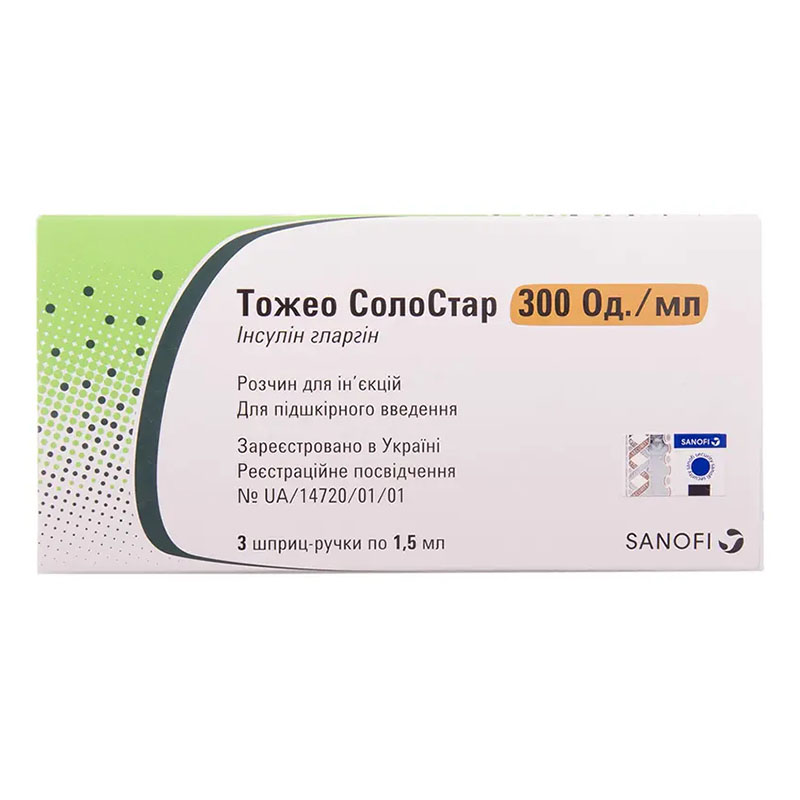 Тожео Солостар розчин для ін'єкцій 300 Од/мл картридж по 1,5 мл вбудований у шприц-ручку 3 шт.