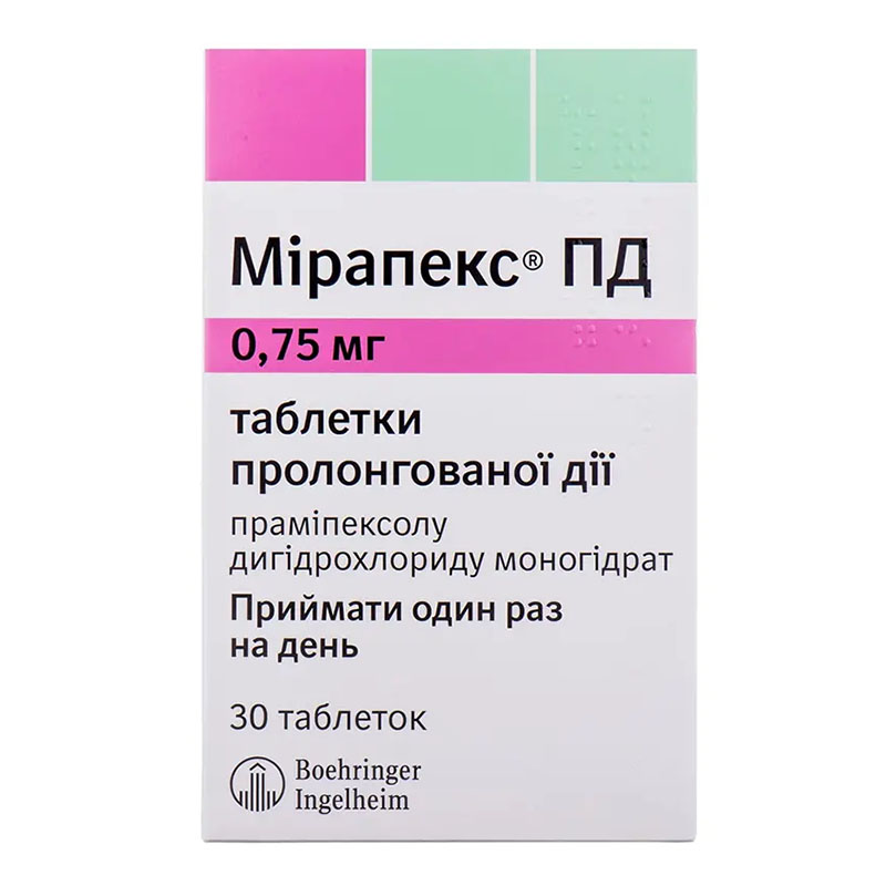 Мирапекс ПД таблетки по 0.75 мг 30 шт. (10х3) Мирапекс ПД таблетки по 0.75 мг 30 шт. (10х3)