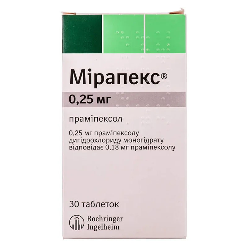 Мирапекс таблетки по 0.25 мг 30 шт. Мирапекс таблетки по 0.25 мг 30 шт.