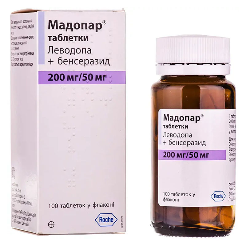 Мадопар таблетки по 200 мг/50 мг 100 шт. в бутылке Мадопар таблетки по 200 мг/50 мг 100 шт. в бутылке