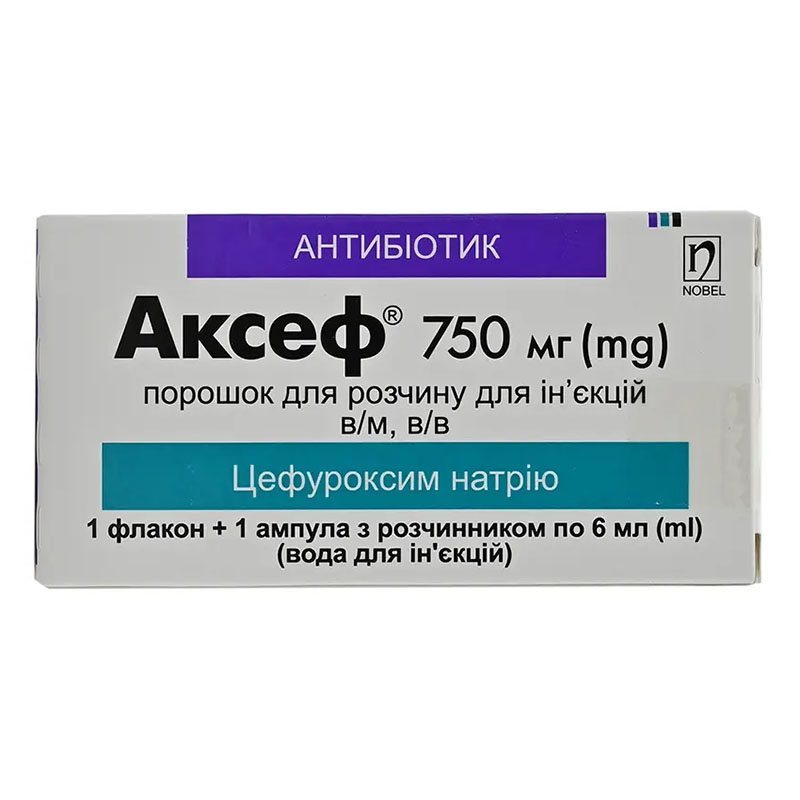 Аксеф порошок для розчину для ін'єкцій по 750 мг в флаконі 1 шт з розчинником ампула 6 мл 1 шт 