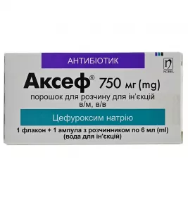 Аксеф порошок для розчину для ін'єкцій по 750 мг в флаконі 1 шт з розчинником ампула 6 мл 1 шт 