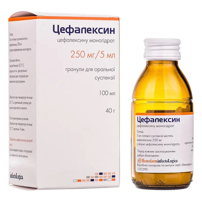 Цефалексин гранули 250 мг/5 мл по 100 мл (40 г) у флаконі 1 шт.