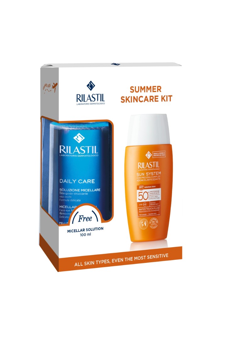 *Набір Rilastil Зволожуючий сонцезахисний флюїд для обличчя на водній основі з SPF50 50мл+Міцелярна вода Очищуюча для обличчя та очей 100мл.