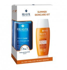 *Набір Rilastil Зволожуючий сонцезахисний флюїд для обличчя на водній основі з SPF50 50мл+Міцелярна вода Очищуюча для обличчя та очей 100мл.