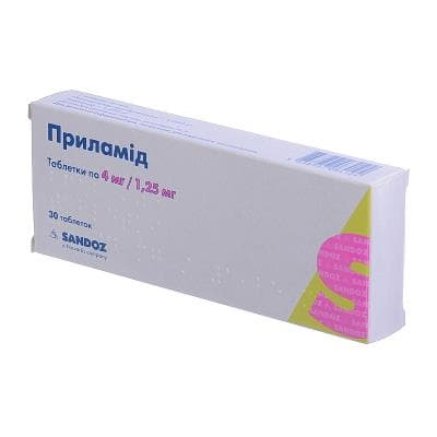 Приламид таблетки по 4 мг/1,25 мг 30 шт. Приламид таблетки по 4 мг/1,25 мг 30 шт.