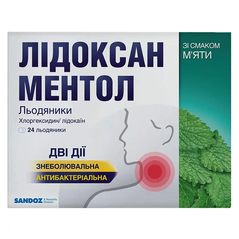 Лідоксан ментол льодяники 5 мг/1 мг 24 шт. (12х2)