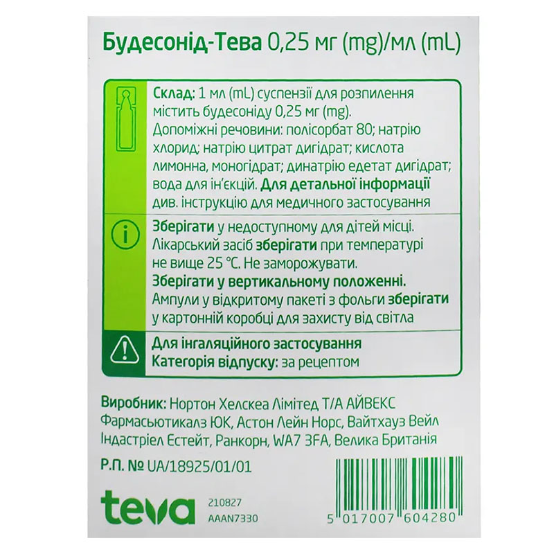 Будесонид-Тева суспензия 0.25 мг/мл в ампулах по 2 мл 20 шт. (5х4)