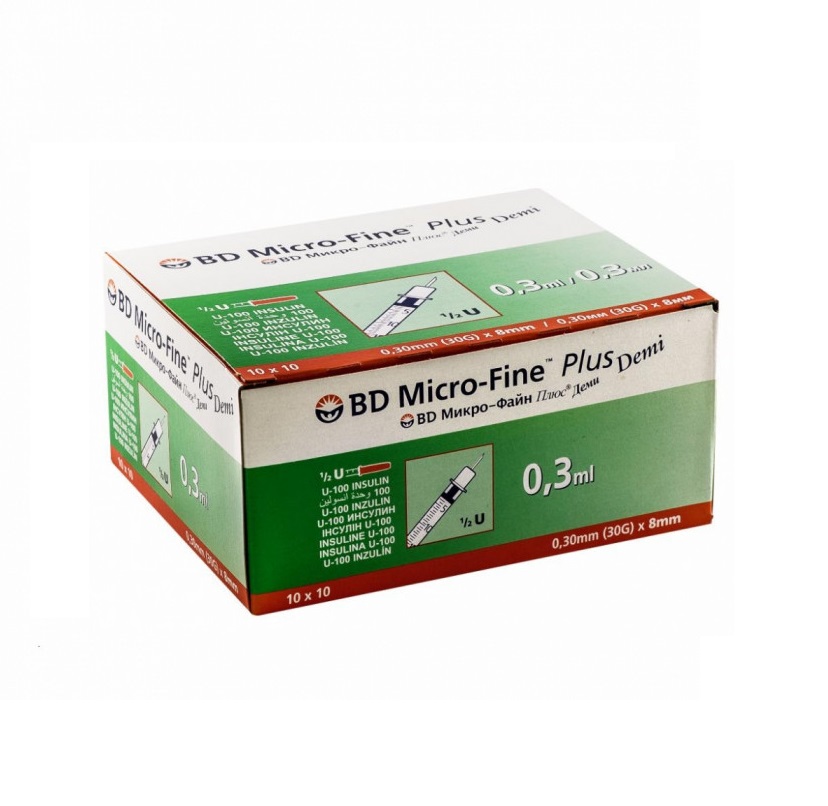 Шприц инсулиновый Micro-Fine Plus U-100 с иглой 30G (0.3x8мм) 0,5мл №1 BD