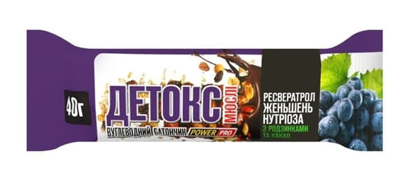 Батончик Power Pro Вуглеводний Детокс мюслі з родзинками та какао 40 г