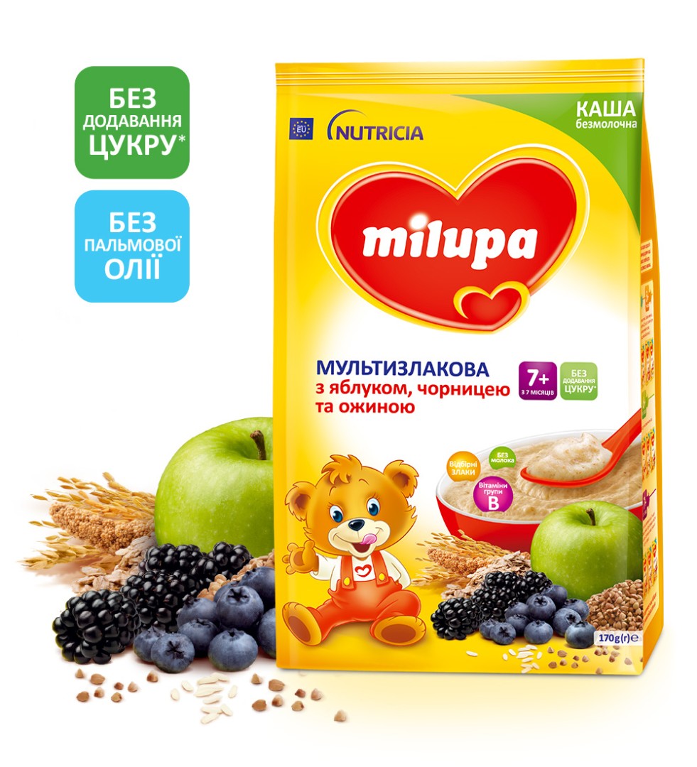 Каша мультизлакова з яблуком, чорницею та ожиною безмолочна суха Milupa для дітей від 7-ми місяців