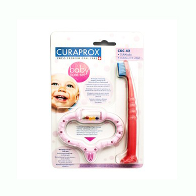 Стимулятор Curaprox для прорізування рожевий та дитяча зубна щітка