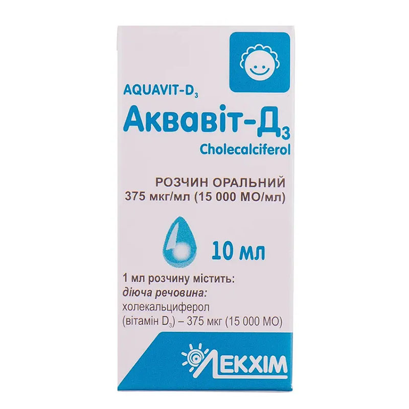Аквавіт-Д3 розчин 15000 МО/мл (375 мкг/мл) по 10 мл у флаконі 1 шт.