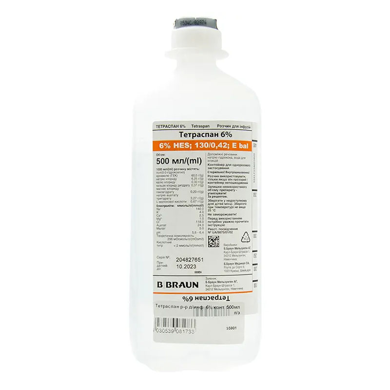 Тетраспан розчин для інфузій 6% по 500 мл у контейнері 10 шт.