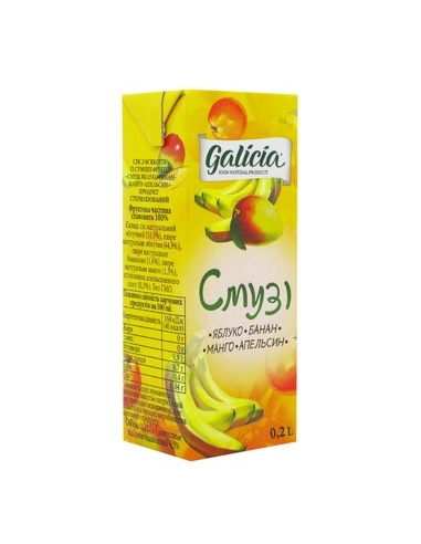 Сок Galicia Смузи Яблоко-банан-манго-апельсин с мякотью ТП 0,2л Сок Galicia Смузи Яблоко-банан-манго-апельсин с мякотью ТП 0,2л