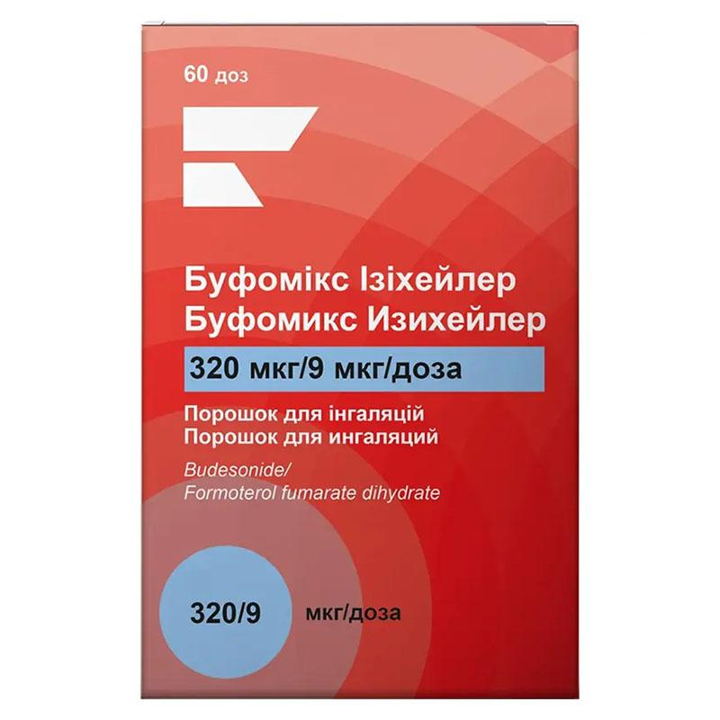Буфомикс Изихейлер 320 мкг/9 мкг порошок для ингаляций по 60 доз в ингаляторе - Юрия-фарм Буфомикс Изихейлер 320 мкг/9 мкг порошок для ингаляций по 60 доз в ингаляторе - Юрия-фарм