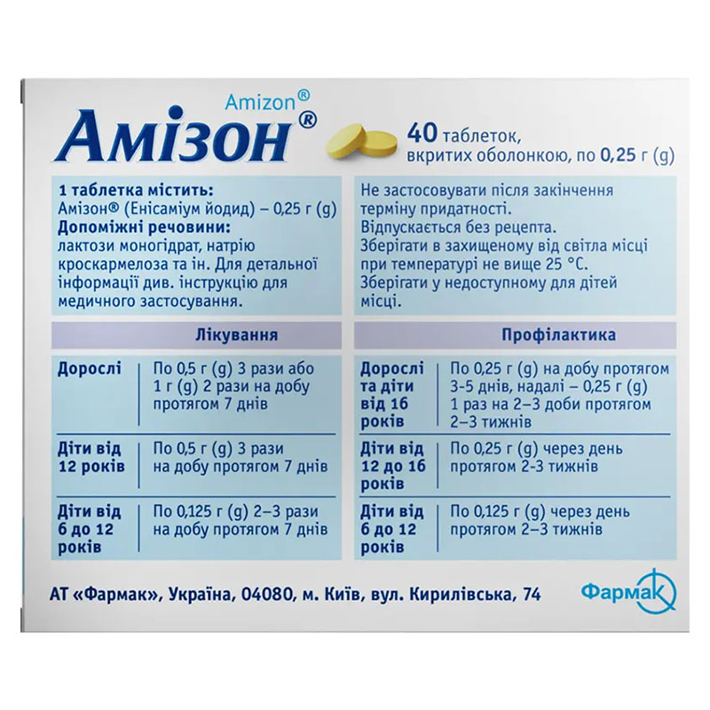 Амізон таблетки по 0.25 г 40 шт. (20х2)