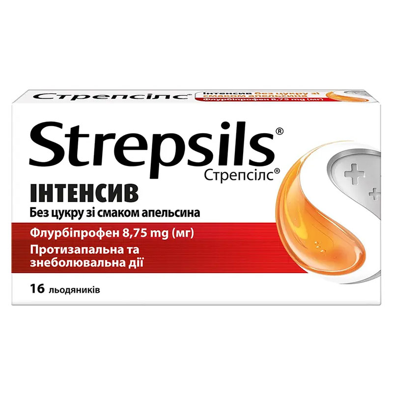 Стрепсілс Інтенсив апельсин без цукру льодяники 16 шт.