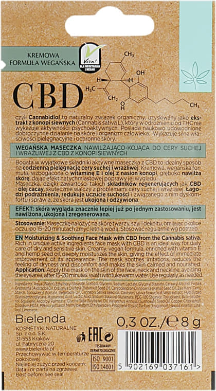 *Маска Bielenda CBD Cannabidiol для сухой, чувствительной кожи 8г