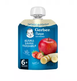 Пюре Gerber яблоко, банан и клубника 90г (пауч)