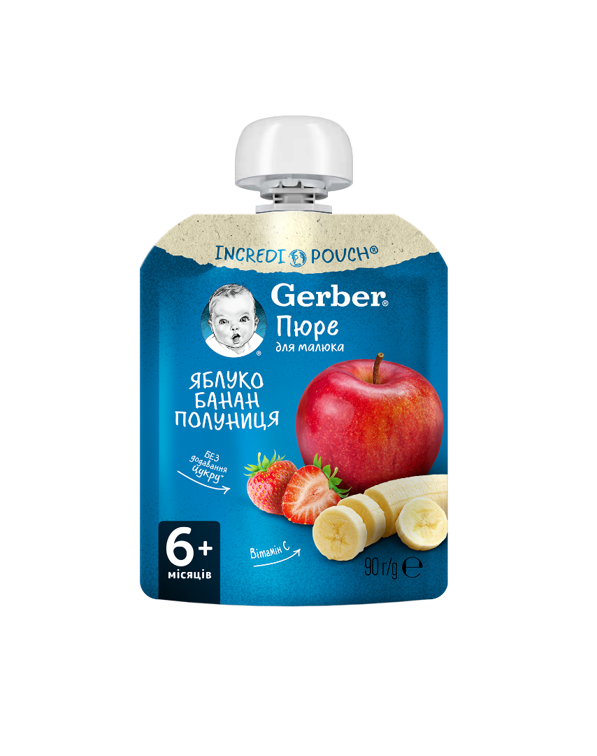 Пюре Gerber яблуко, банан і полуниця 90г (пауч)