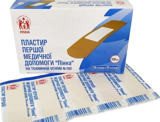 *Пластир Pinna першої мед. допомоги ткан. 76 мм х 25 мм №100