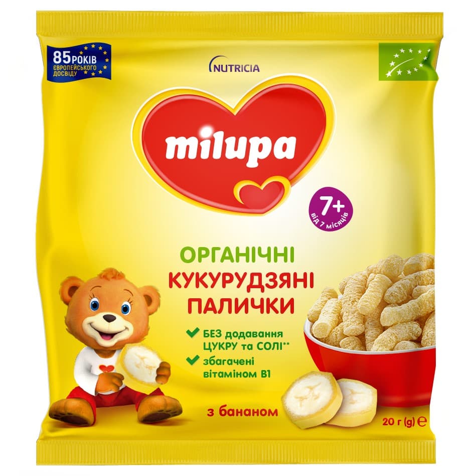 Кукурузные палочки Milupa с бананом органические от 7 мес. 20г Кукурузные палочки Milupa с бананом органические от 7 мес. 20г