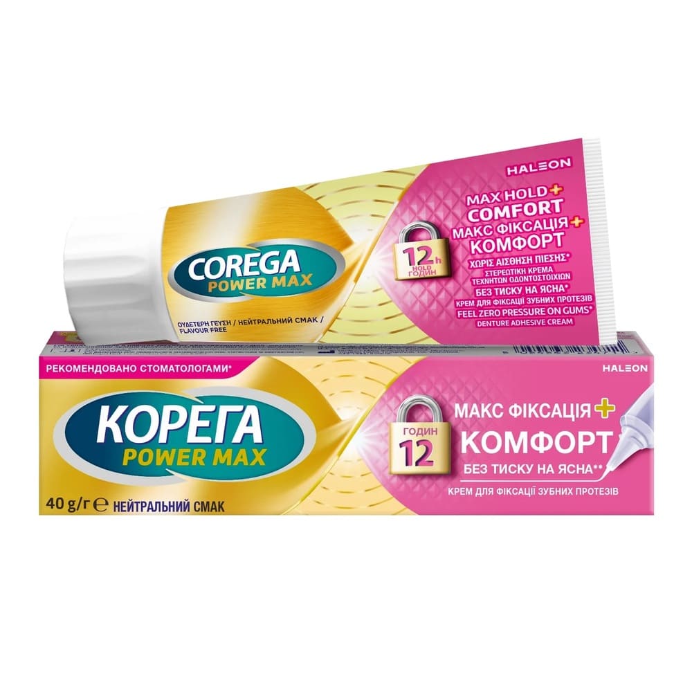 Крем Corega для фиксации зубных протезов МАКС сила фиксация+комфорт 40г Крем Corega для фиксации зубных протезов МАКС сила фиксация+комфорт 40г