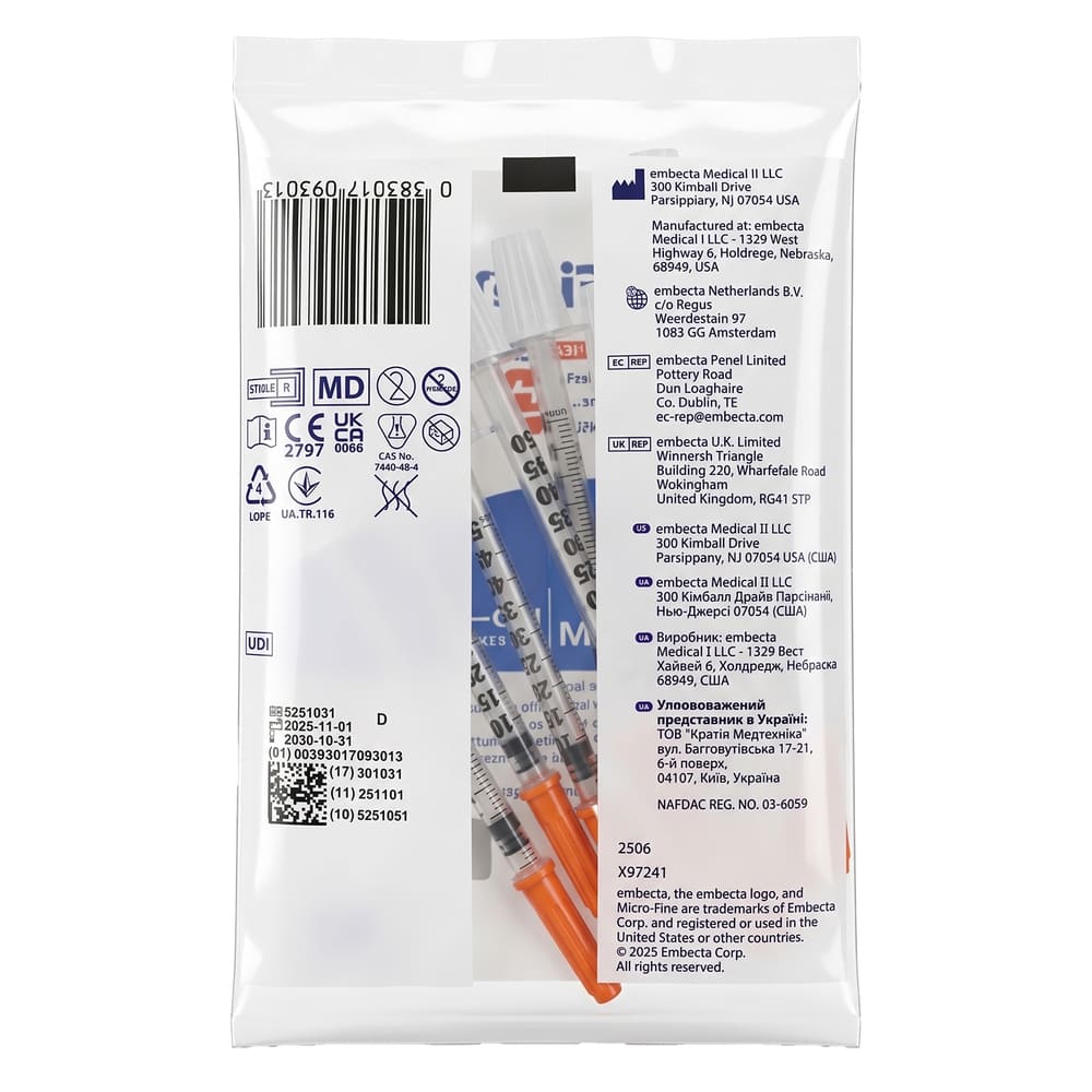 Шприц инсулиновый 0,5мл U-100 Embecta Micro-Fine 30G (0,30x8мм) №1