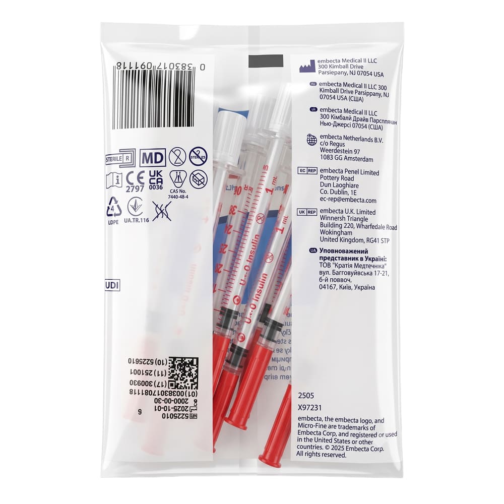 Шприц інсуліновий 1мл U-40 Embecta Micro-Fine 30G (0,30x8мм) №1