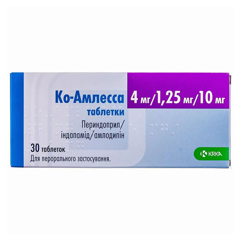 Ко-амлесса таблетки по 4 мг/1.25 мг/10 мг 30 шт. (10х3) Ко-амлесса таблетки по 4 мг/1.25 мг/10 мг 30 шт. (10х3)