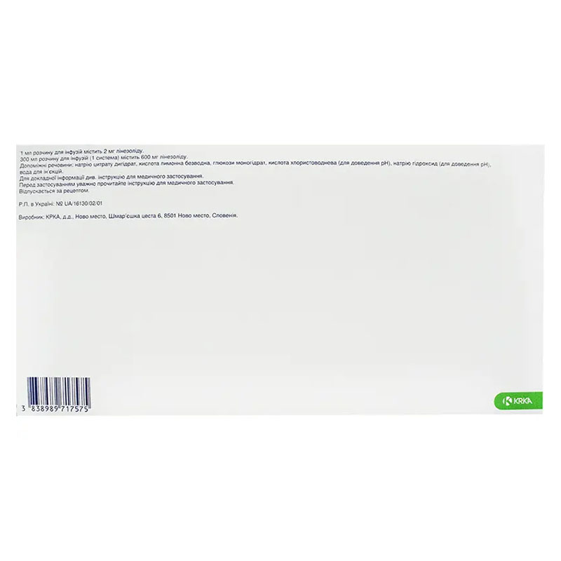 Линезолид КРКА раствор для инфузий 2 мг/мл по 300 мл во флаконе 1 шт.