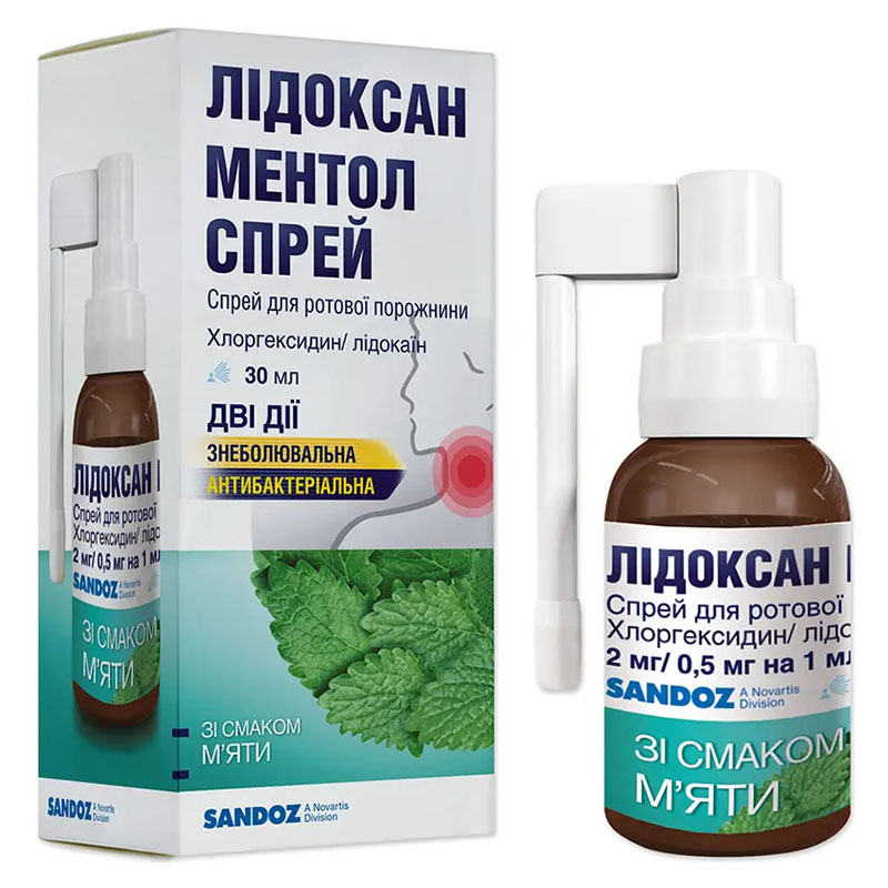 Лидоксан ментол спрей 2 мг/0,5 мг/1 мл по 30 мл во флаконе 1 шт. Лидоксан ментол спрей 2 мг/0,5 мг/1 мл по 30 мл во флаконе 1 шт.
