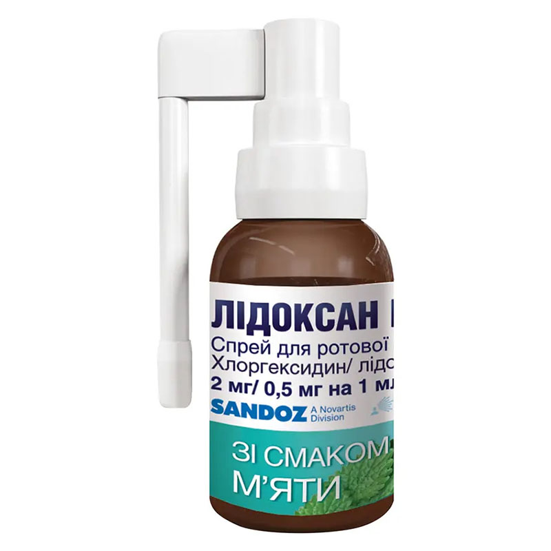 Лидоксан ментол спрей 2 мг/0,5 мг/1 мл по 30 мл во флаконе 1 шт.