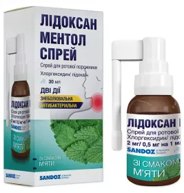 Лідоксан ментол спрей 2 мг/0,5 мг/1 мл по 30мл у флаконі 1 шт.